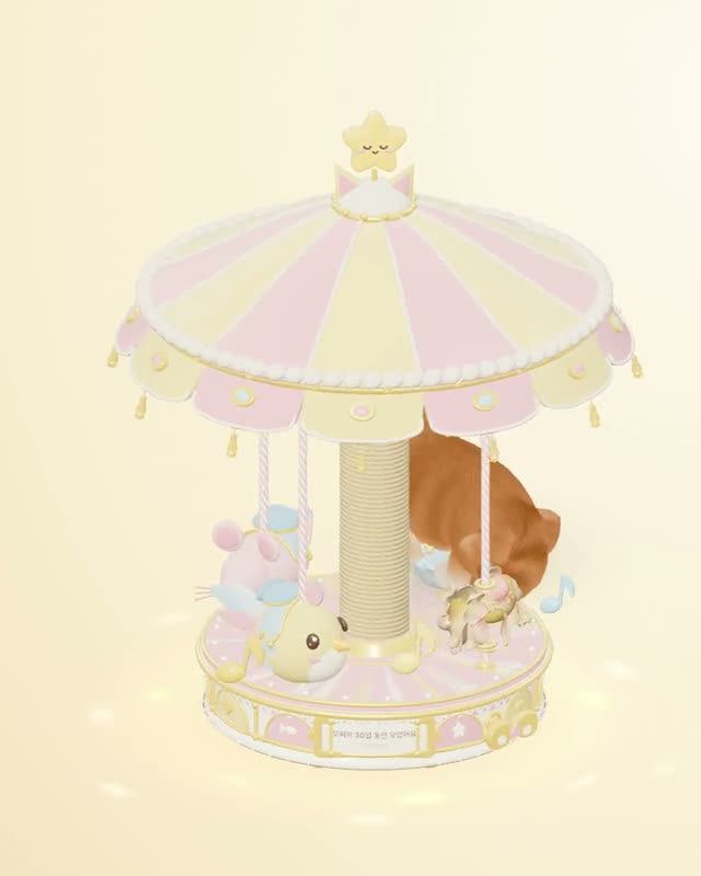 The cat riding a pastel music-box carousel